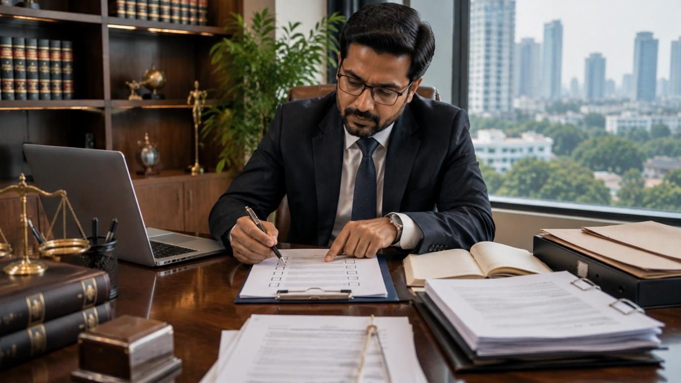 Advocate reviewing legal case sheets at desk in Hyderabad office