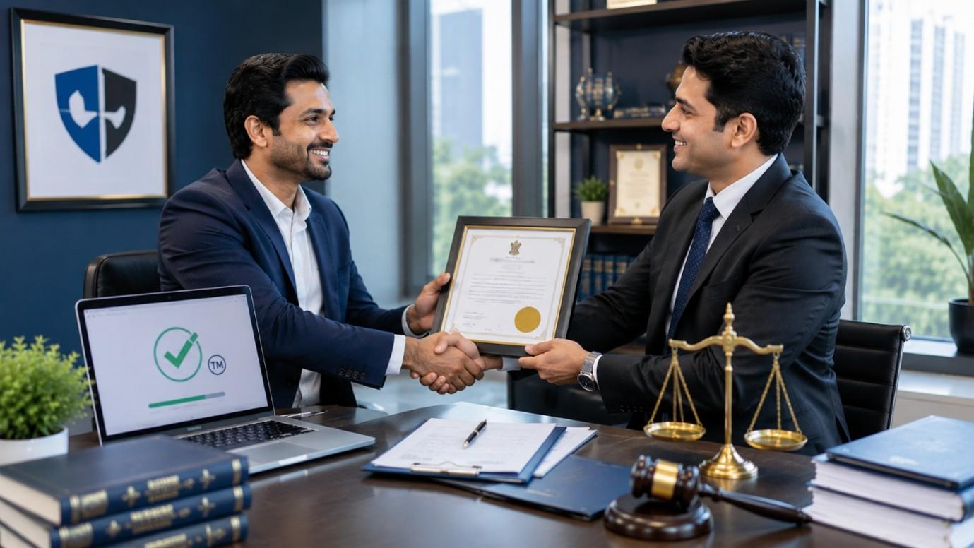 Business owner receiving a registered trademark certificate in India