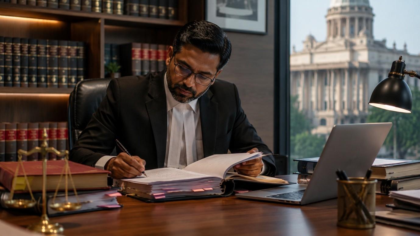 Indian advocate preparing legal documents for court proceedings