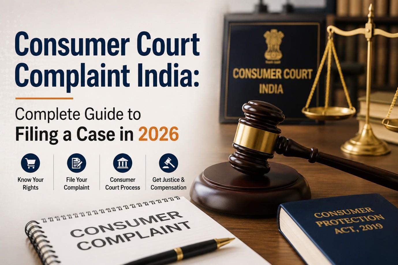 Consumer Court Complaint India complete guide to filing a consumer court case in 2026 with legal gavel and justice scales.