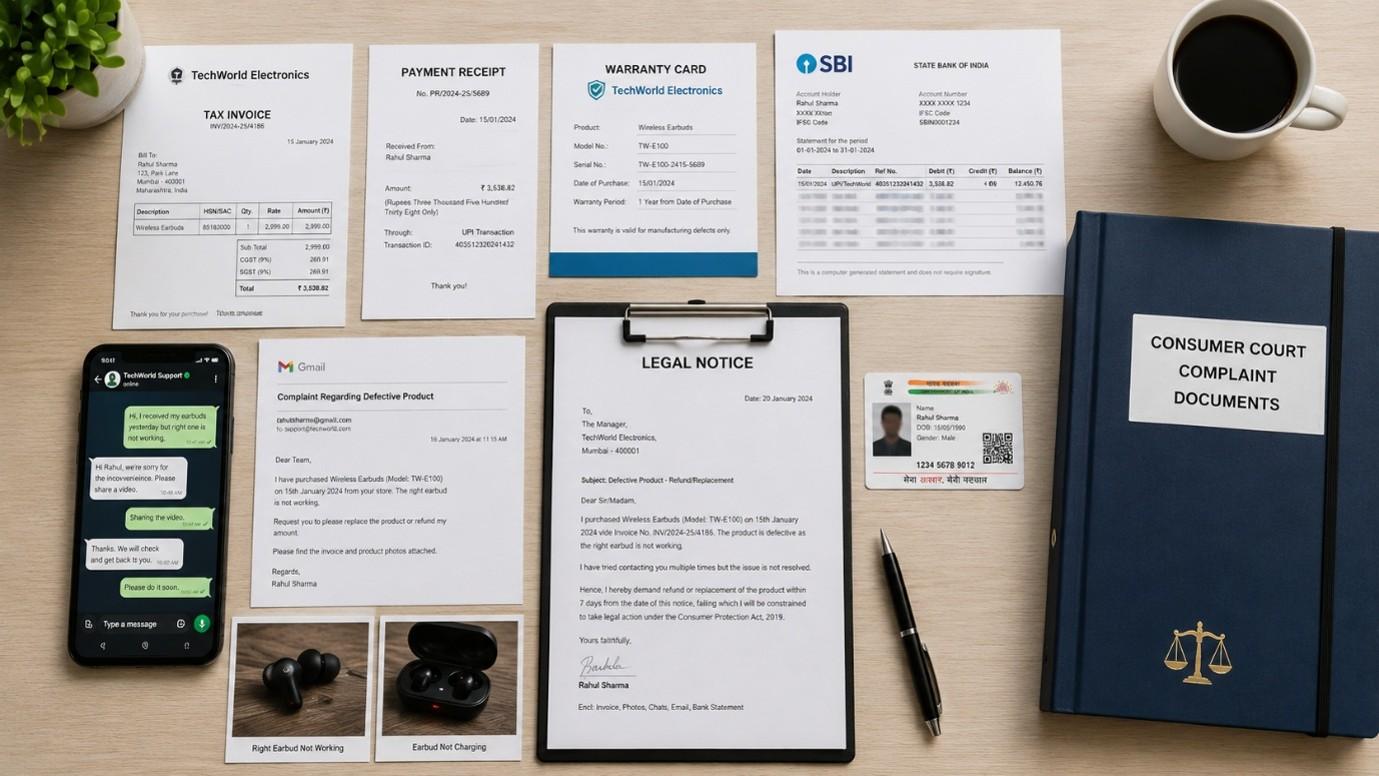 Documents required for filing a consumer court complaint in India including invoice receipt warranty and legal notice.