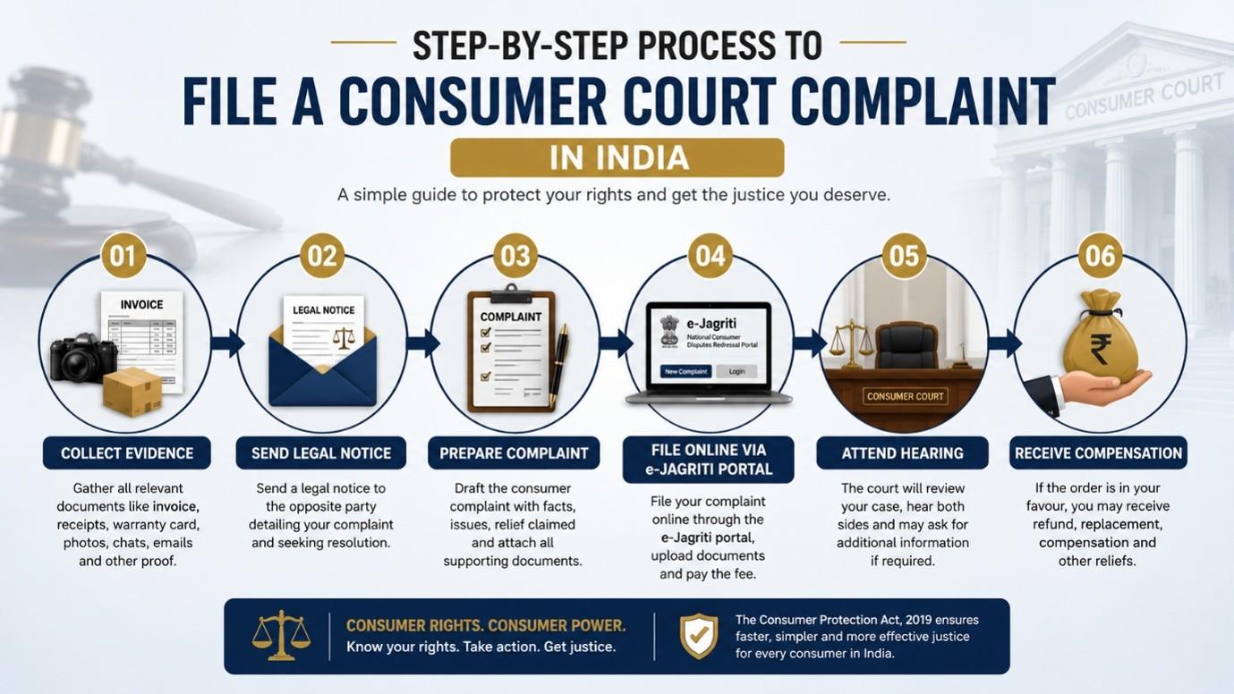 Step by step process to file a consumer court complaint in India through the e-Jagriti online portal.