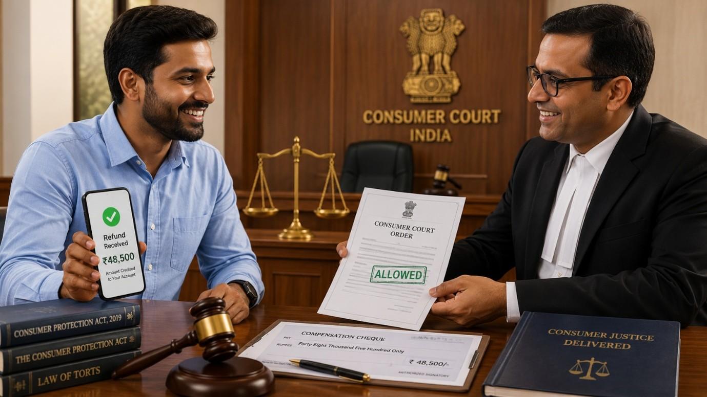Consumer receiving compensation after winning a consumer court complaint in India.