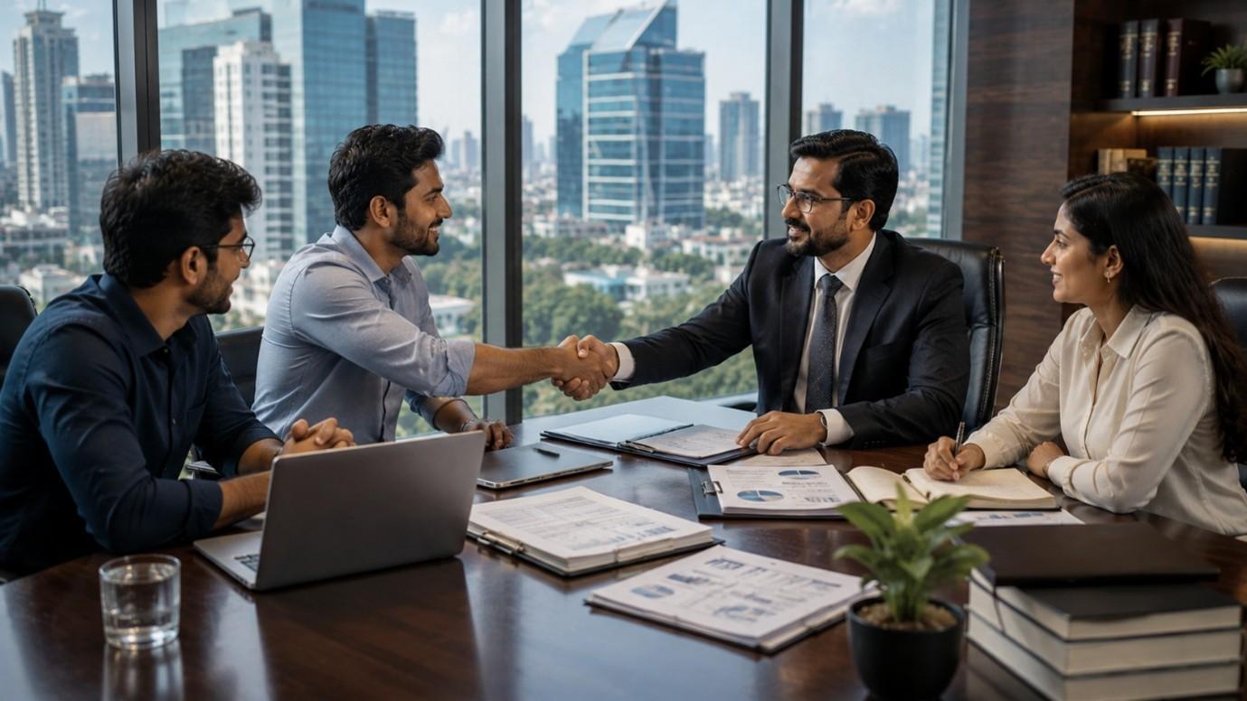 Corporate lawyer shaking hands with business clients in high-rise Hyderabad office