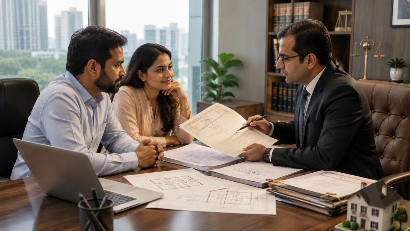 Indian couple consulting a property lawyer before buying a house