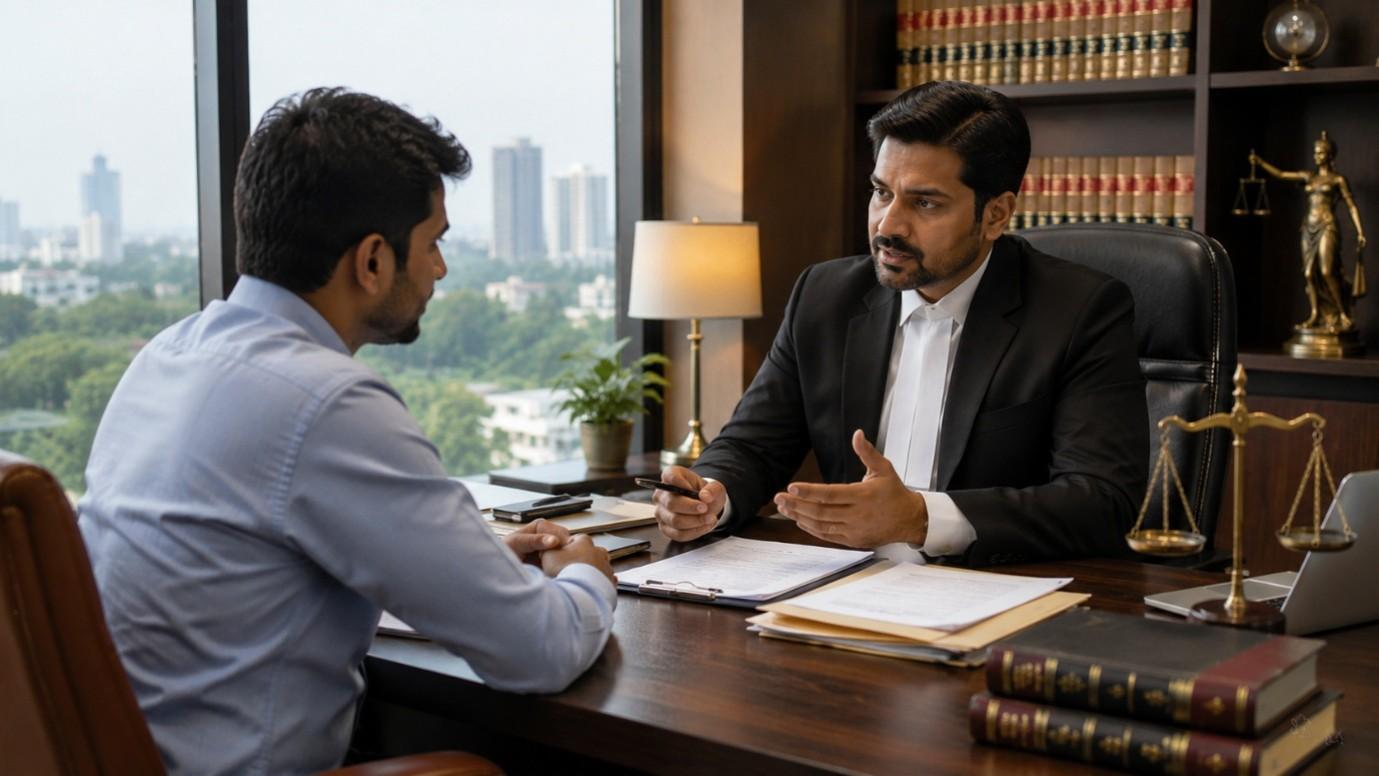 Indian criminal lawyer explaining arrest rights to a client