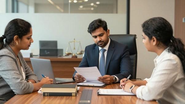 Family lawyer in Hyderabad consulting clients about a matrimonial legal matter