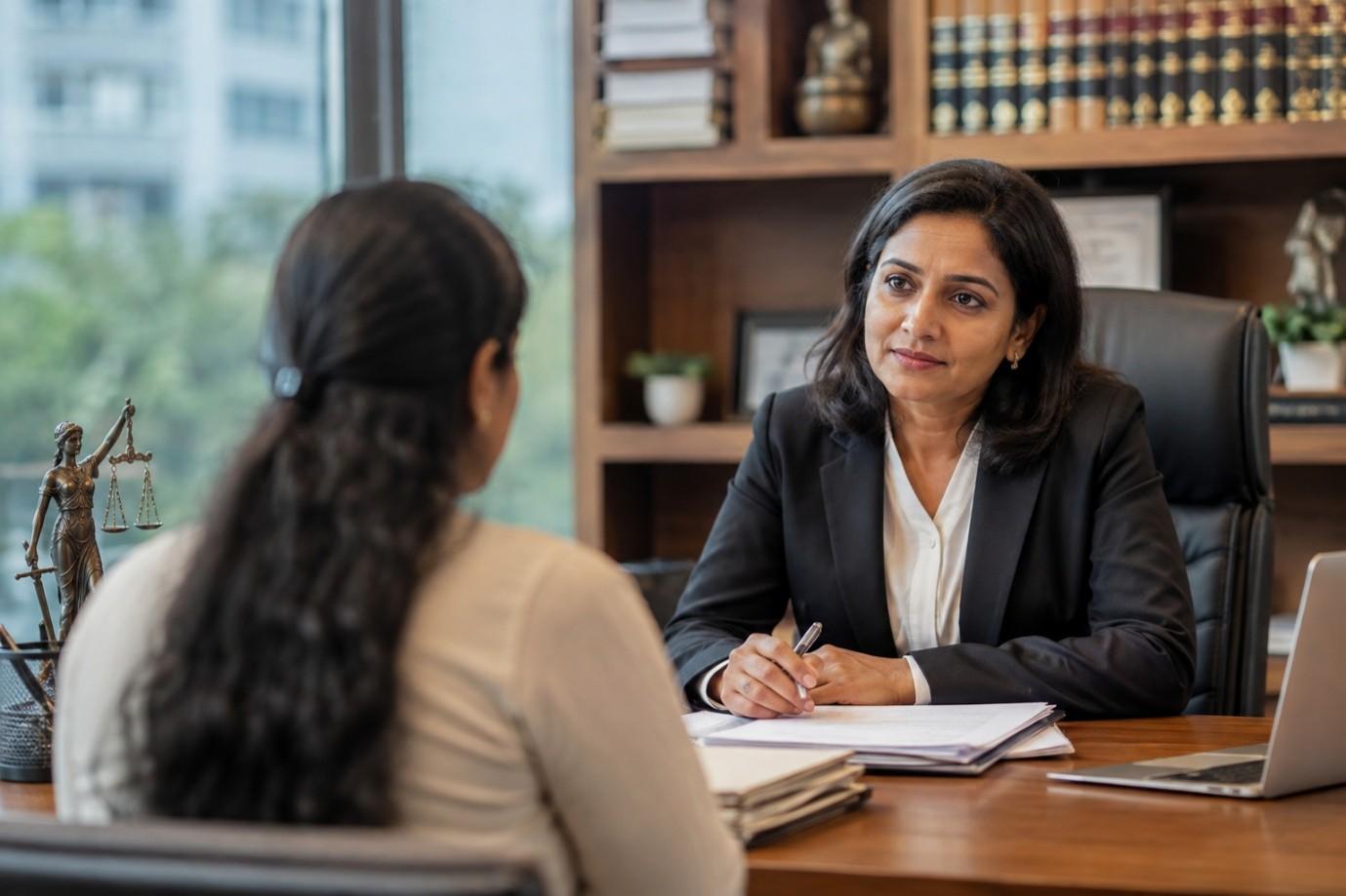 Professional family mediation meeting in a modern Indian legal office