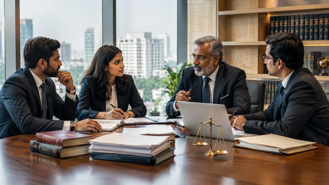 Top law firms in Hyderabad legal professionals discussing a case in a modern law office
