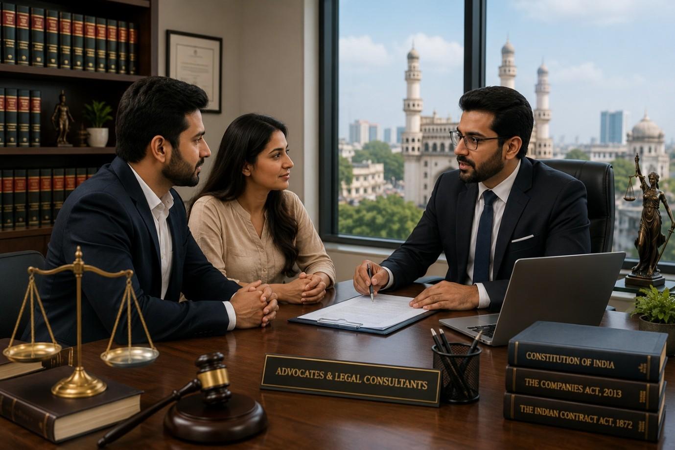 Experienced lawyer explaining legal documents to clients at a law firm in Hyderabad.