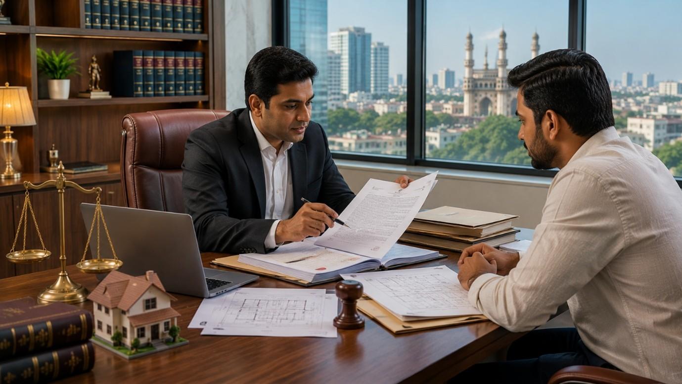 Property lawyer reviewing real estate documents with a client in Hyderabad