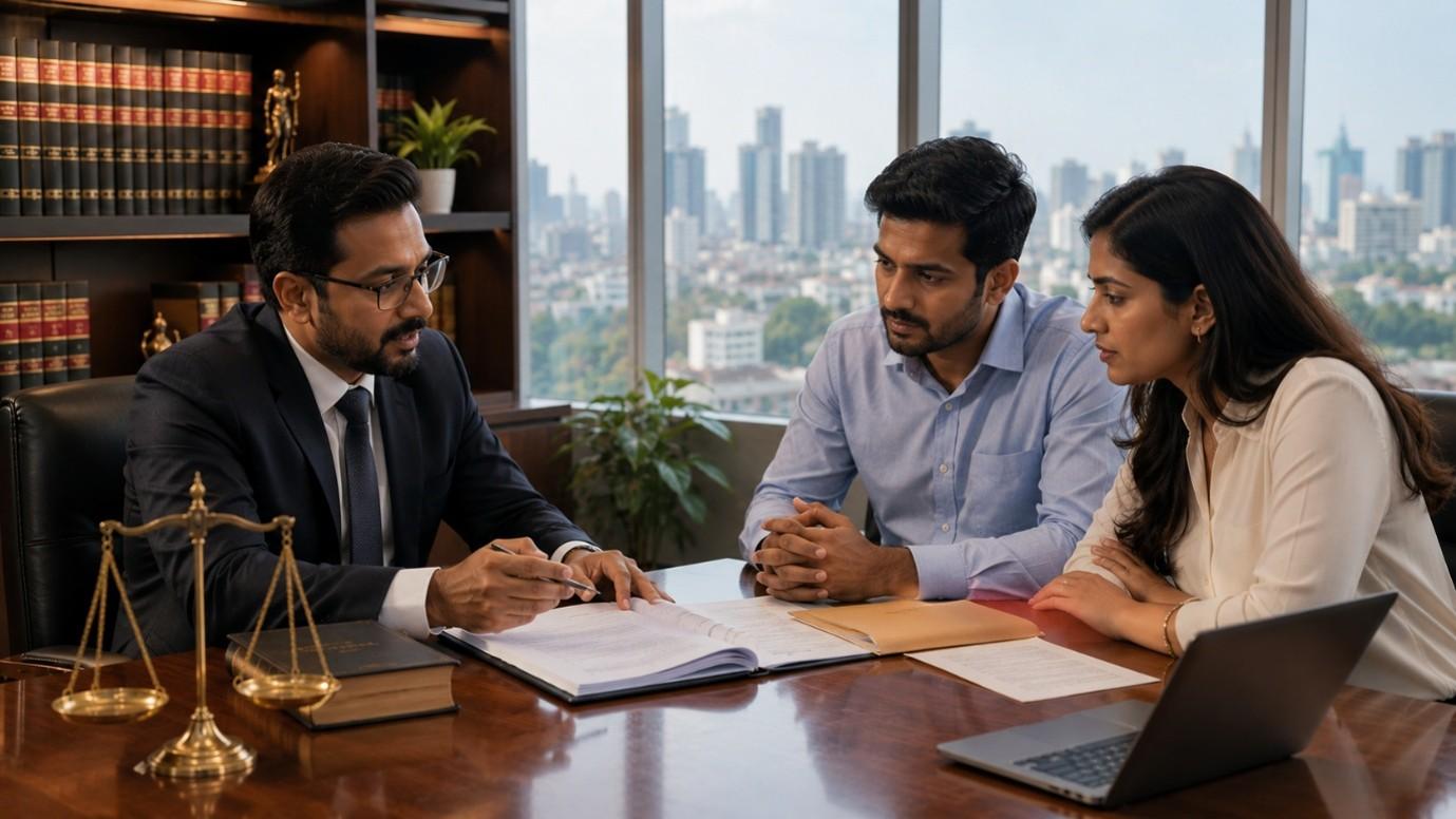 Advocate explaining professional legal fees structure to clients in Hyderabad office