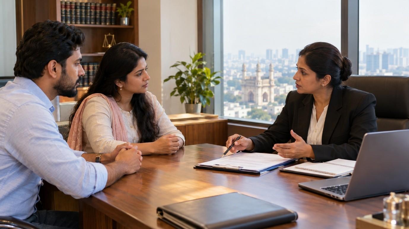 Lawyer reviewing divorce documents with a client in Hyderabad