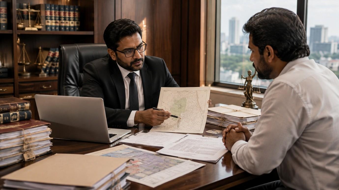Property dispute lawyer reviewing land documents with a client in India