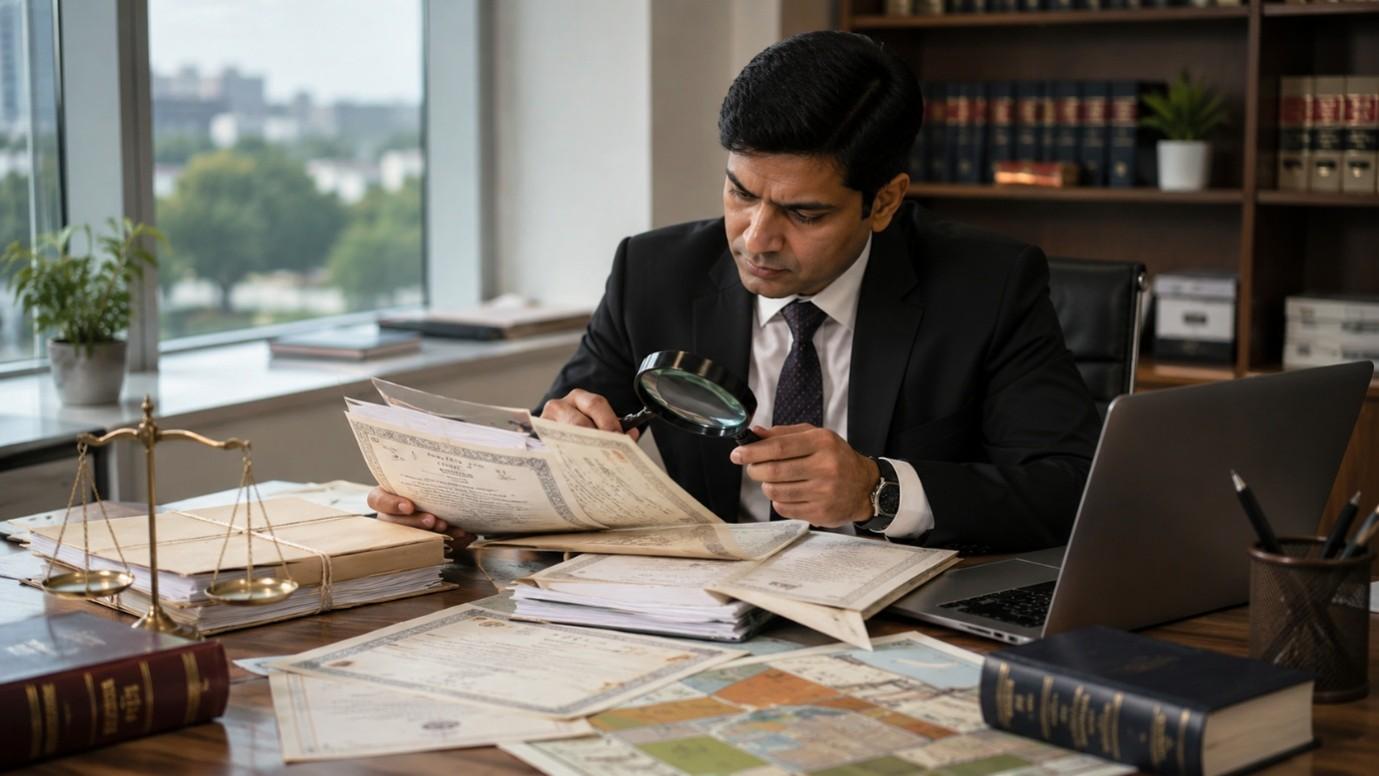 Property lawyer conducting title verification in India