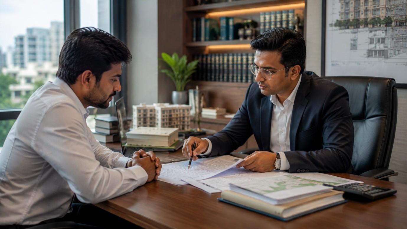 Property lawyer reviewing legal documents with a homebuyer in Hyderabad