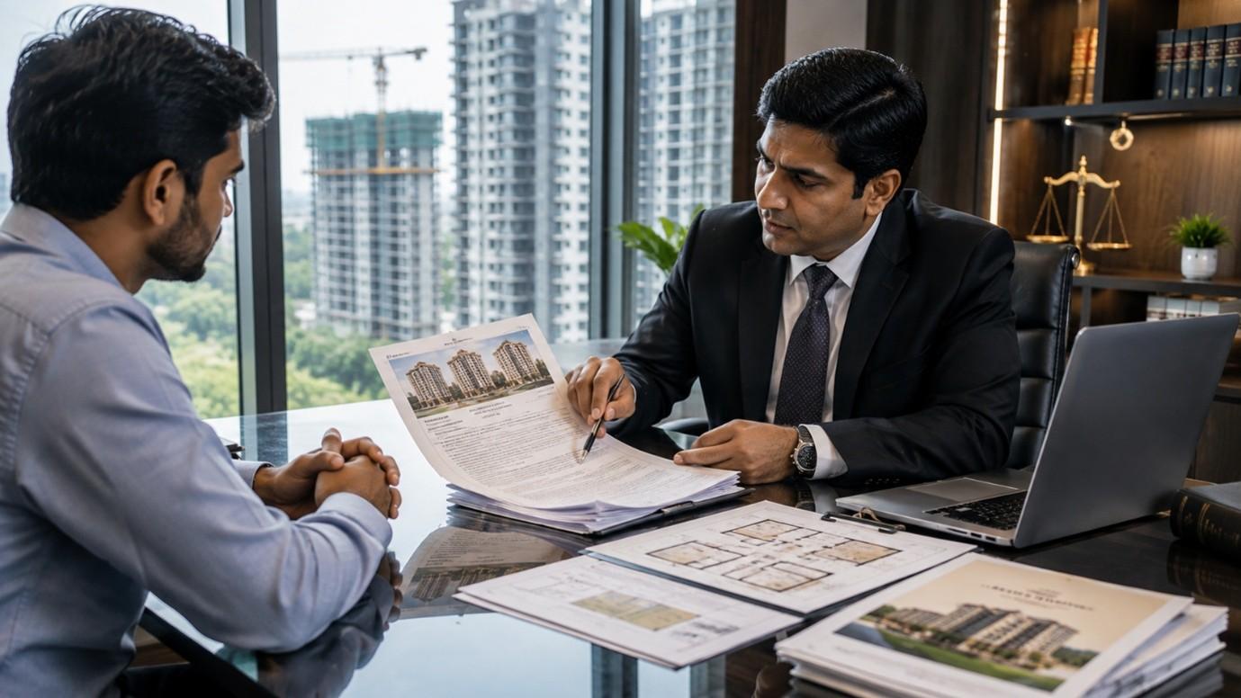 Property lawyer reviewing RERA documents with an Indian homebuyer