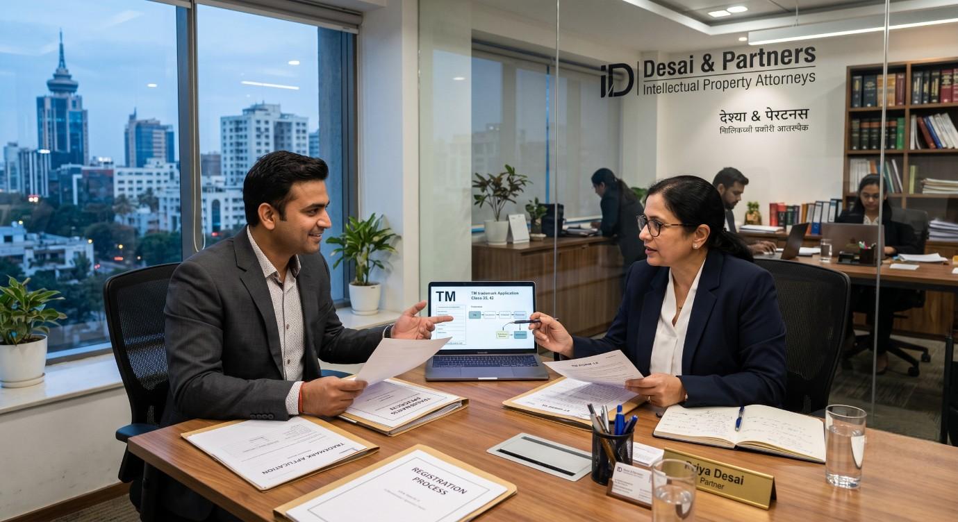 Trademark lawyer consulting a business owner in India